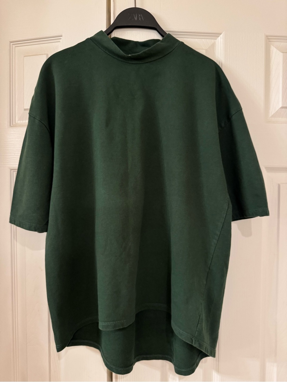 Zara Green Mock Neck T-Shirt Boxy Oversized Drop Shoulder Tee High-Low Hem Sz S
